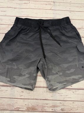 Men’s Gray Camo Board Cargo Shorts Swim Trunks Elastic Drawstring Waist